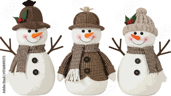 Fototapeta Three cheerful snowmen wearing hats and scarves in a flat vector illustration against a clean white background for Christmas.
