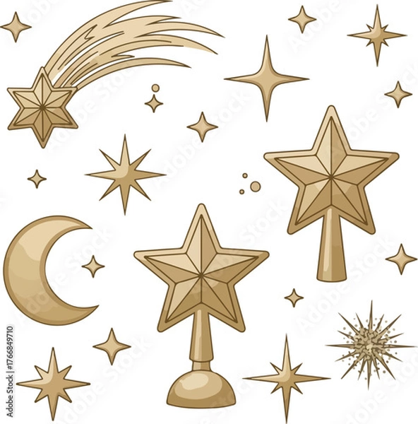 Fototapeta A flat vector illustration of a Christmas icon set featuring gold stars, a crescent moon, and shooting star on a white background.