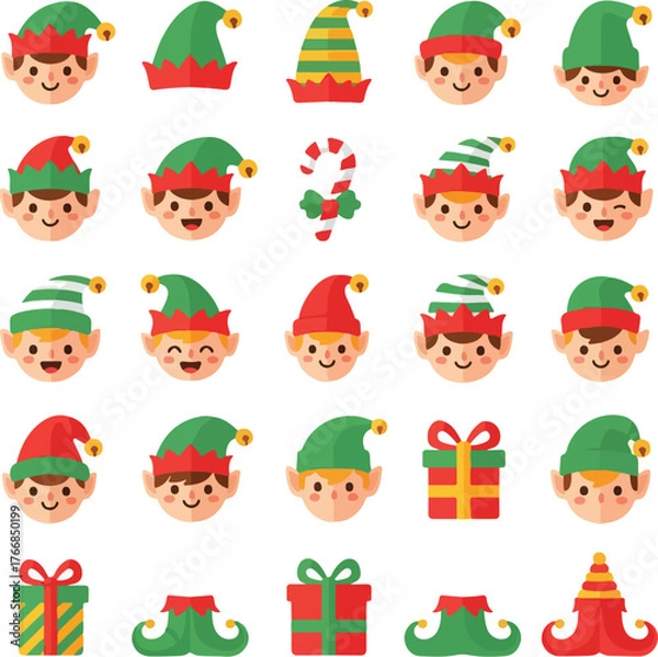 Fototapeta A flat vector illustration of a Christmas icon set featuring elf faces, hats, and gifts on a white background.