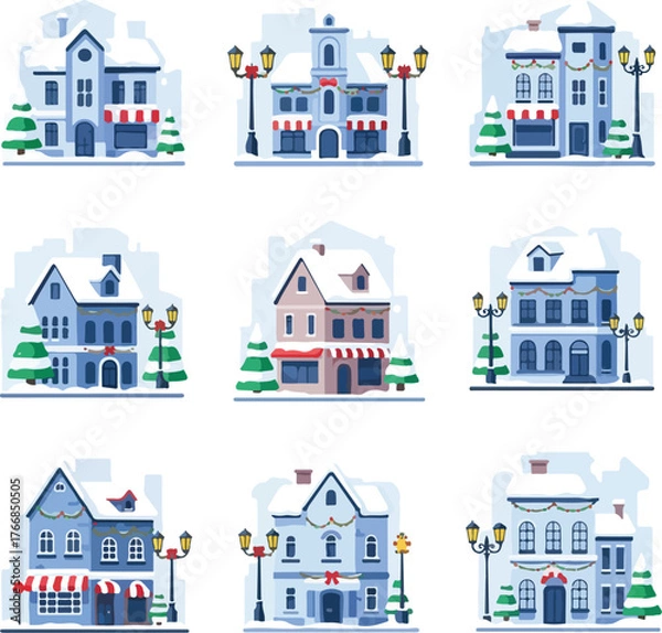 Fototapeta A set of eight flat vector illustrations depicting various houses and buildings in a snowy winter scene with a Christmas theme, featuring colorful icons and a clean white background.