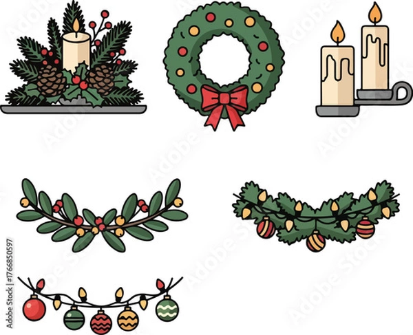 Fototapeta A flat vector illustration of a Christmas icon set featuring a festive wreath, garlands, ornaments, and candles in a colorful and vibrant style against a clean white background.