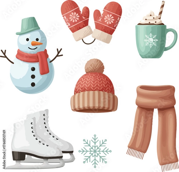 Fototapeta A flat vector illustration of a Christmas icon set featuring a snowman, mittens, mug, hat, scarf, ice skates, and snowflake on a white background.