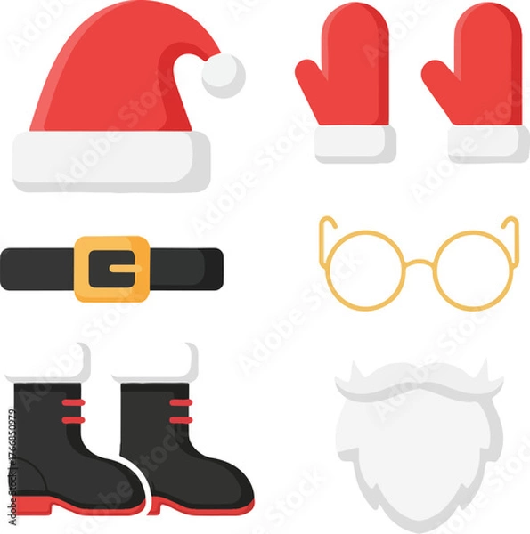 Fototapeta A flat vector illustration of a Christmas icon set featuring Santa Claus accessories on a white background.