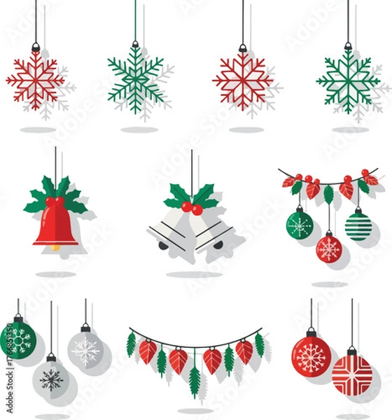 Fototapeta A flat vector illustration of a Christmas icon set featuring hanging snowflakes, ornaments, bells, and garlands in red, green, and white against a clean white background.