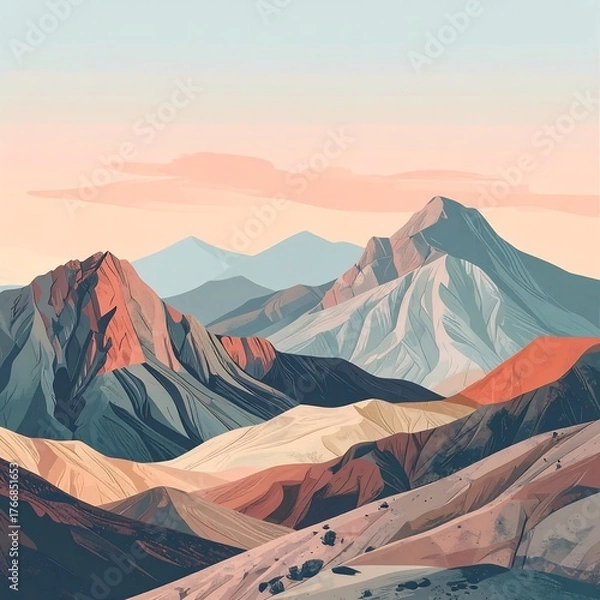 Fototapeta Stylized mountain range illustration with soft sunset colors