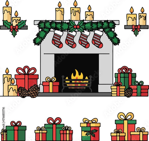 Fototapeta Flat vector illustration of a festive Christmas scene with a decorated fireplace, stockings, gifts, and candles on a white background, forming a set of icons.