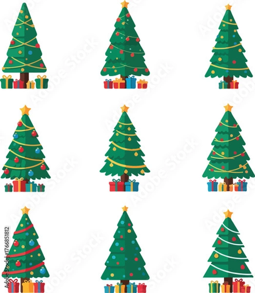 Fototapeta A flat vector illustration of a Christmas icon set featuring multiple decorated trees with presents against a clean white background.
