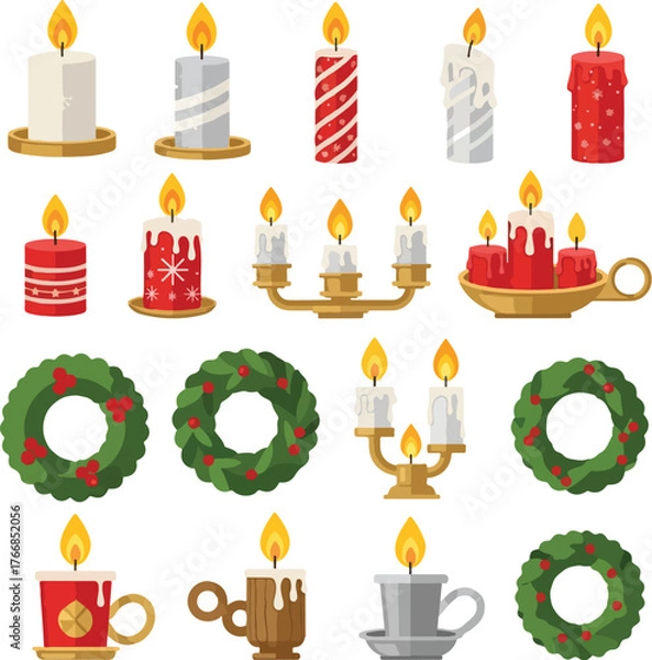 Fototapeta A flat vector illustration of a Christmas icon set featuring various candles, candelabras, and wreaths on a white background.