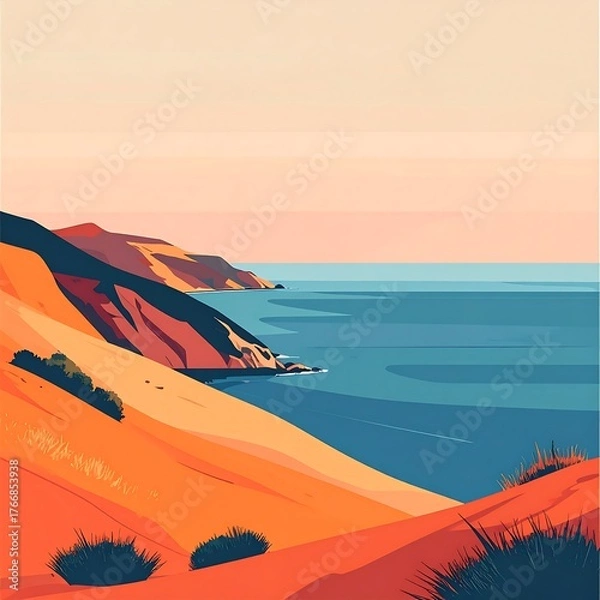 Fototapeta Stylized seaside scene; rolling hills meet calm water under orange sky