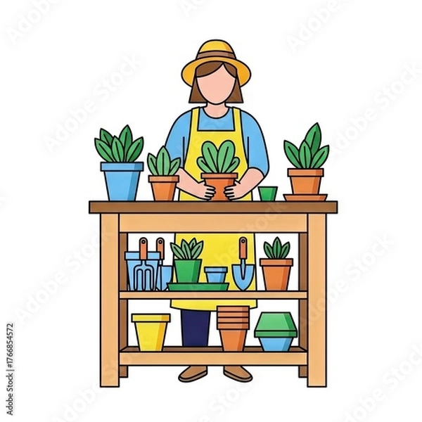 Obraz Woman Gardening Plants on Wooden Table with Pots and Tools in a Vector Illustration