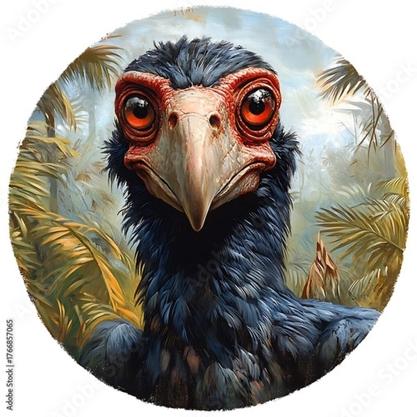 Fototapeta Close-up portrait of a large prehistoric bird with big red eyes ancient extinct photo