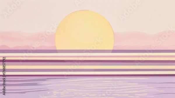 Obraz Features a half-circle sun in orange rising above horizontal blue stripes, representing the sea, set against a soft lavender background