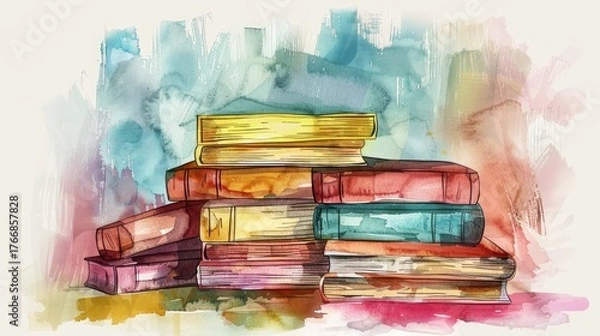Obraz Minimalistic line art with watercolor color of books
