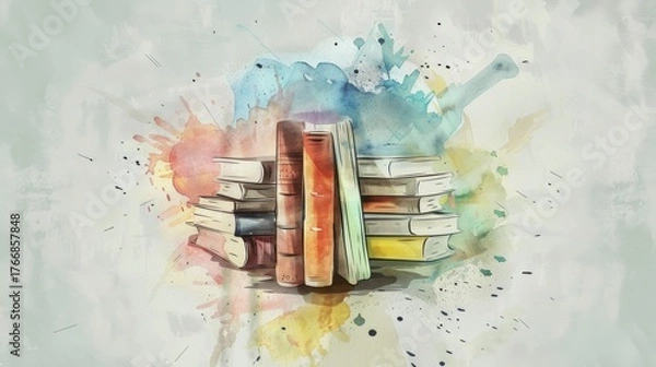 Obraz Minimalistic line art with watercolor color of books