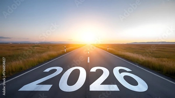 Fototapeta Open-road-future-2026-painted-asphalt-with-bright-sunrise-ahead-symbolizing-new