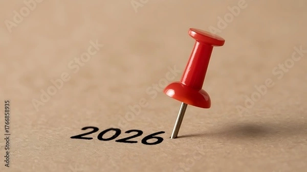Fototapeta Red Push Pin Marking the Year 2026 on a Calendar — Concept of Future Planning and Upcoming Goals.