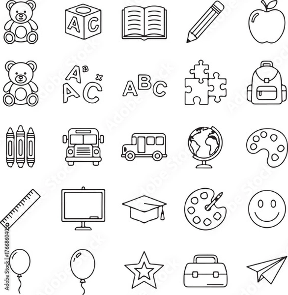 Obraz Adorable back-to-school doodles featuring teddy bears, school buses, apples, crayons, puzzles, and more to inspire young minds and creativity!
