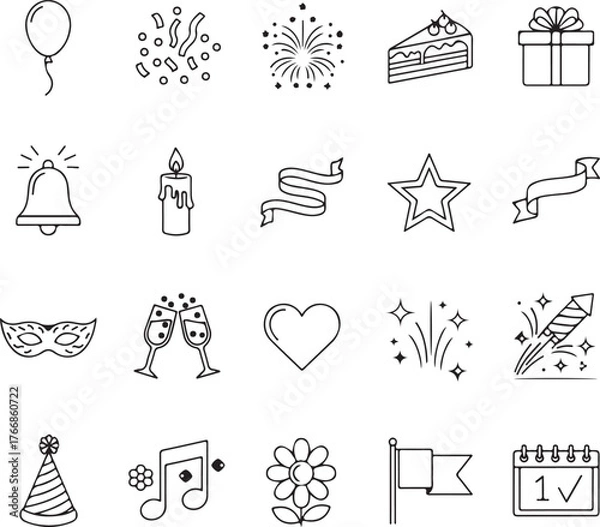 Obraz Celebrate life's moments with this adorable doodle set of party essentials, from balloons to cake, adding a touch of joy to any project