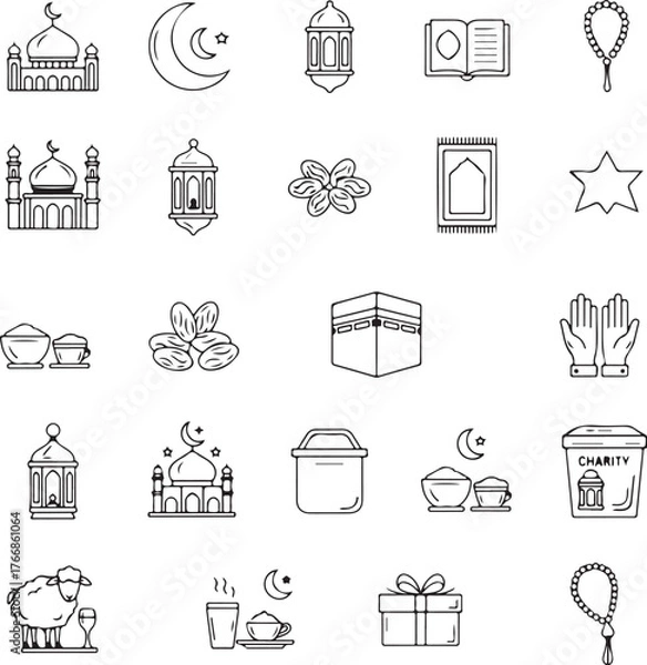 Obraz Elegant Ramadan themed icons for graphic design projects and festive greeting cards, featuring mosques, lanterns, dates, and prayer beads in a modern line art style