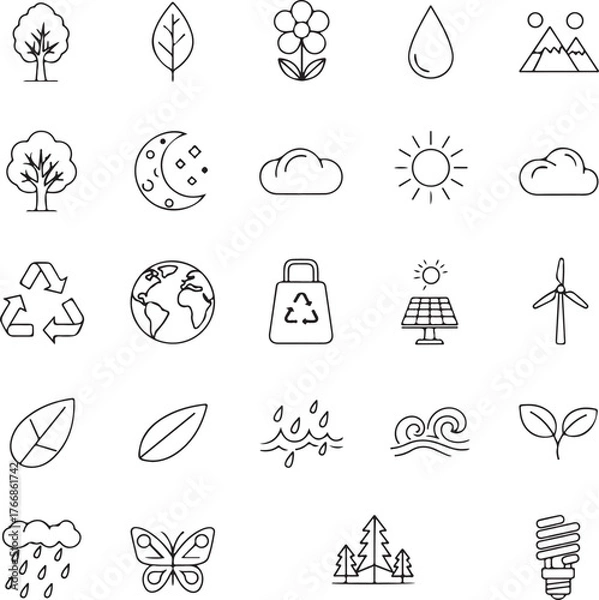 Obraz Eco-friendly icons illustrating sustainability and environmental awareness, perfect for green initiatives and conservation projects in a clean, modern style