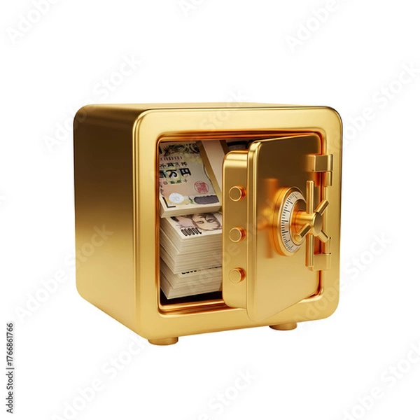 Fototapeta 3d icon of golden safe filled with japanese yen banknotes, isolated on transparent background