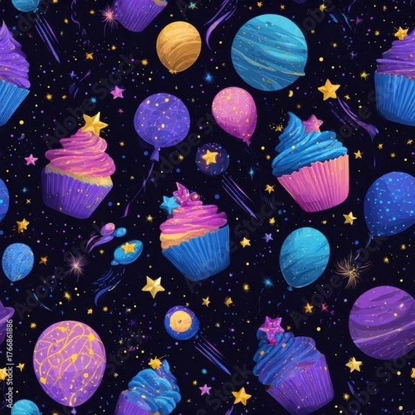 Fototapeta Galaxy Outer Space Party Seamless pattern. Colorful cupcakes and balloons against a starry background create a whimsical pattern design.