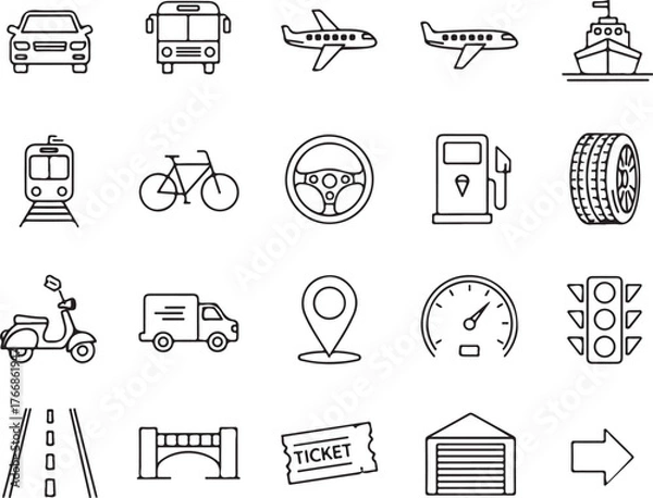 Obraz Explore transportation options with these line icons featuring cars, planes, trains, and more - perfect for travel apps, websites, and infographics!