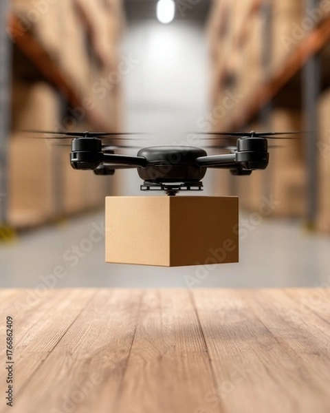 Fototapeta AI-driven supply chains concept. Drone Delivering Package in Warehouse Environment with Automation and Modern Technology