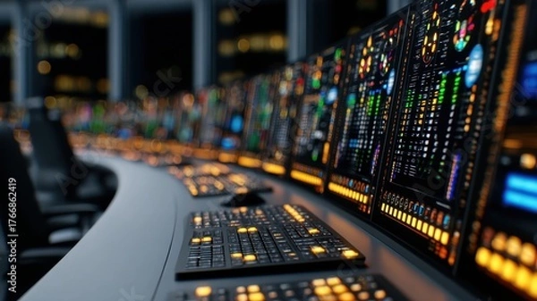 Fototapeta AI-driven supply chains concept. Advanced AI Control Panel in Cargo Hub Featuring Interactive Display and Adaptive Technology