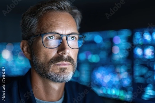 Fototapeta AI-driven supply chains concept. Technician in Logistics Control Center Analyzing Data with Advanced AI Technology for Decision Making