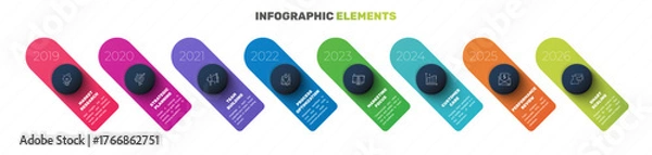Obraz Business vector infographics with 8 circles and labels. Timeline visualization with eight steps for diagram, flowchart, banner, presentations, web, content, levels, chart, graphic