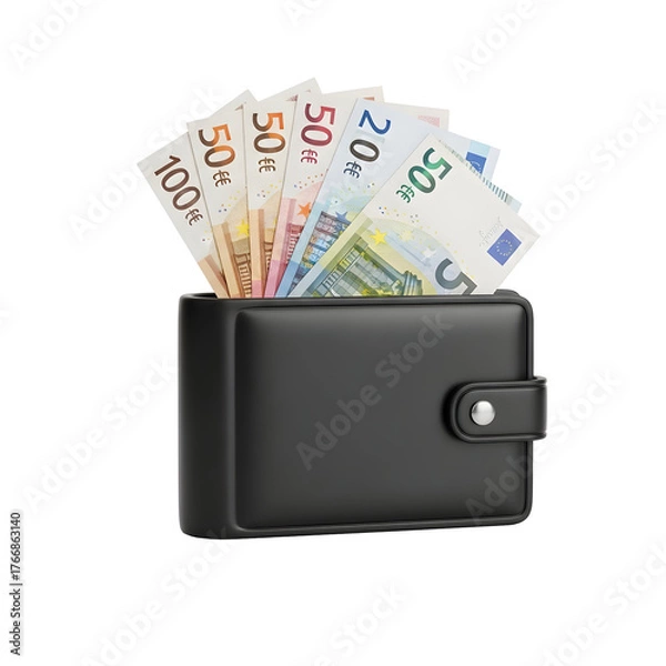Fototapeta 3d icon of black wallet stuffed with euro banknotes isolated on transparent background