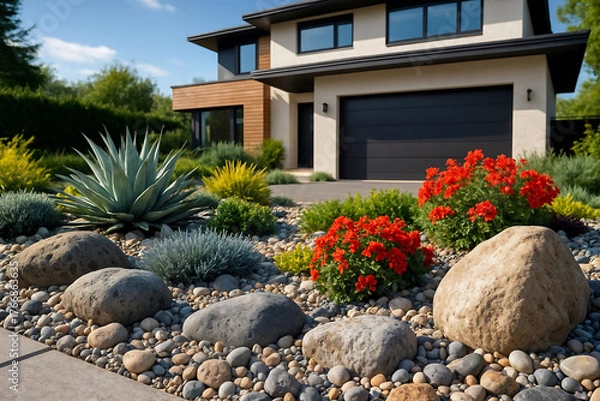 Fototapeta Aménagement d'un jardin avec galets et graviers devant la maison, design extérieur, aménagement paysager