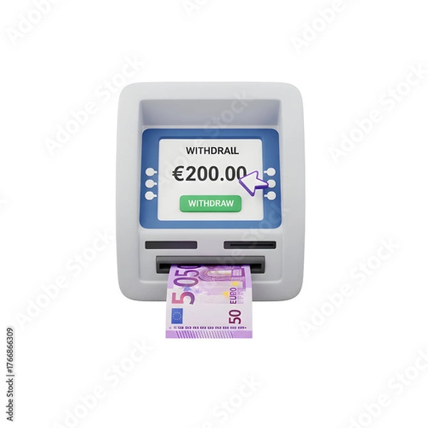 Fototapeta 3d icon of atm machine dispensing 200 euro banknote, isolated on transparent background
