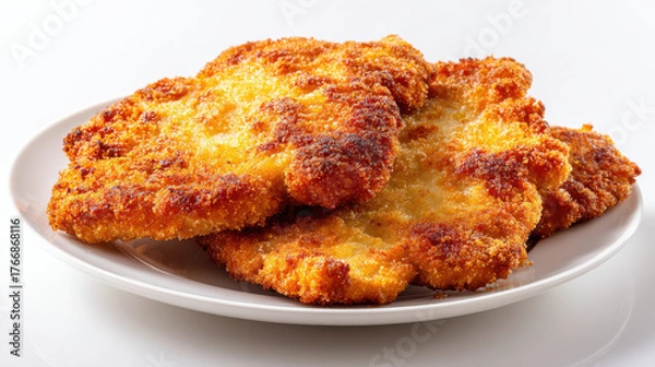 Obraz Goldbraunes paniertes Schnitzel auf weißem Teller