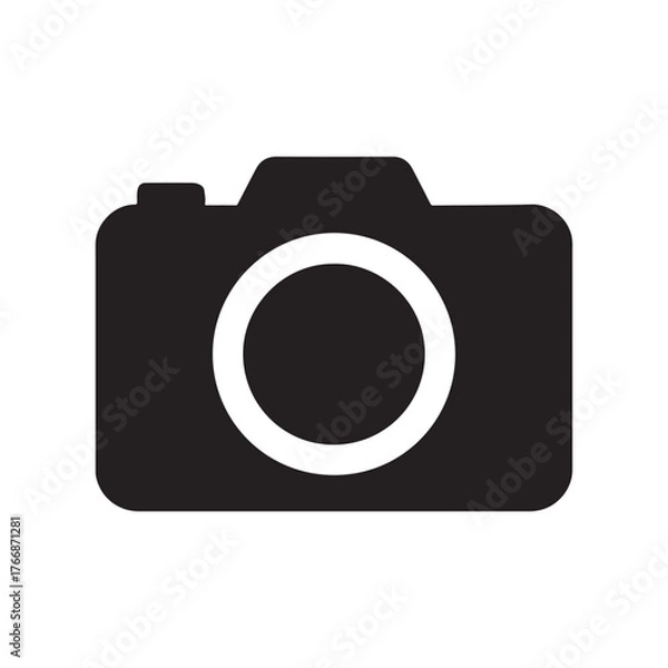 Fototapeta Minimalist monochrome silhouette of a digital camera with a circular lens representing photography and visual media vector