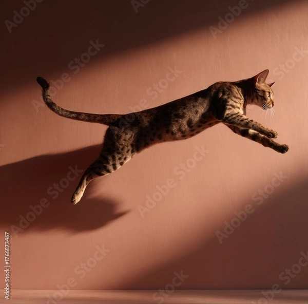 Fototapeta A leaping cat casts a strong shadow against the wall, blending feline movement with dramatic light and shape. The contrast emphasizes dynamic action and visual impact.