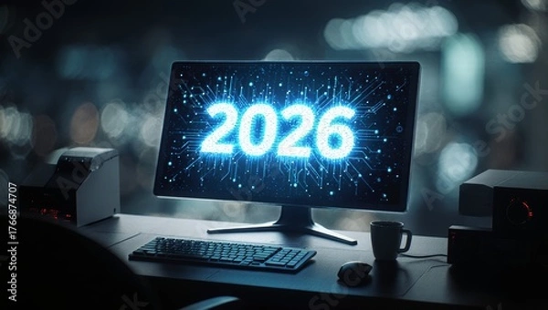 Fototapeta Holographic Monitor Displaying 2026 on Sleek Nighttime Desk Setup with Bokeh Lights Modern Workspace Background