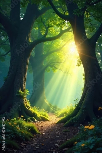 Fototapeta Sunlight dappling through ancient trees in a mystical woodland scene Perfect for fantasy, fairytale, or nature-themed projects Tranquil, serene atmosphere , vegetation, pattern