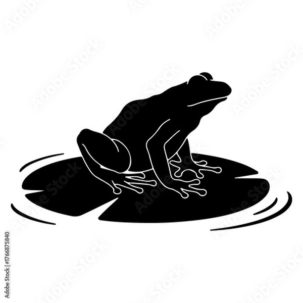 Fototapeta Silhouette of a frog perched on a lily pad with ripples in the water below in a simple black and white graphic style