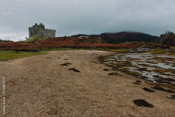 Fototapeta A dramatic and atmospheric photograph of the ruined medieval Castle Tioram (pronounced "Cheerum"), the former stronghold of the Clanranald branch of the MacDonalds - in Loch Moidart