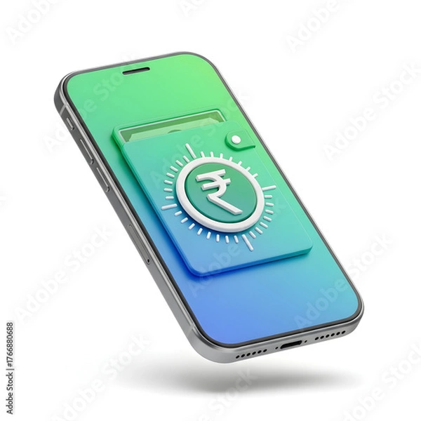 Fototapeta 3d illustration of a smartphone with a digital wallet and indian rupee symbol isolated on white background
