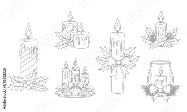 Fototapeta Christmas Santa Sleigh Vector collection featuring Santa Claus with reindeer, holiday candles, stars, and snowflakes. Perfect for festive illustrations, cards, posters, and seasonal design projects.