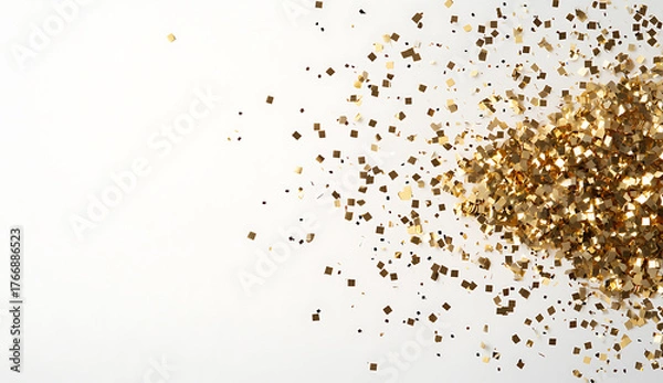 Fototapeta Gold confetti falling on white background creates festive and celebratory atmosphere, perfect for various occasions