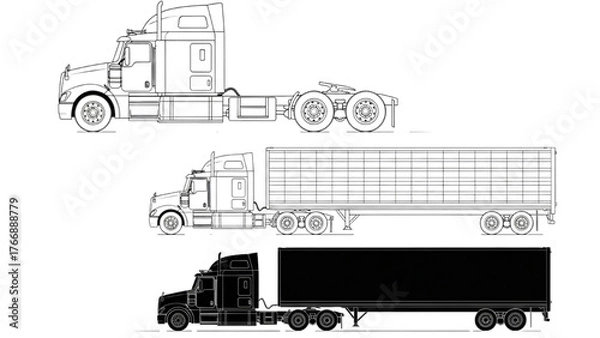 Obraz Semi-Truck Technical Illustrations — Tractor, Full Truck with Trailer, and Silhouette in Monochrome Vector Style