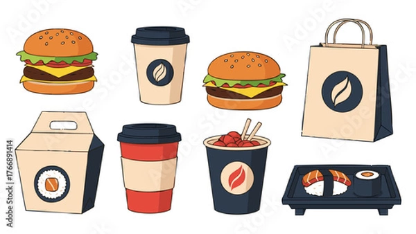 Fototapeta Vector illustration set of diverse fast food options, from classic burgers and coffee to sushi and Asian noodles, perfect for food delivery and restaurant branding