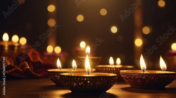 Obraz Golden Diwali Diya Lamps with Glowing Mystical Lighting V4