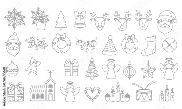 Fototapeta Christmas Vector Elements collection featuring festive icons such as Santa, reindeer, snowman, trees, gifts, and ornaments. Perfect for holiday cards, posters, invitations, and seasonal design project