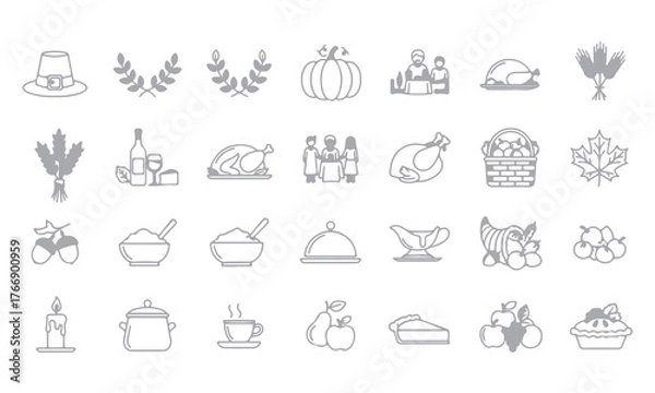 Fototapeta Thanksgiving Vector Elements collection featuring turkey, pumpkin, pie, corn, and festive icons. Perfect for seasonal greetings, holiday posters, invitations, and fall-themed design projects.