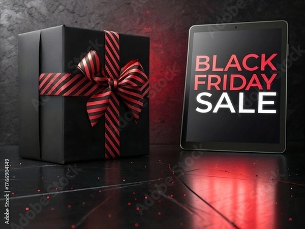 Obraz Black friday sale displayed on tablet next to a gift box with red ribbon